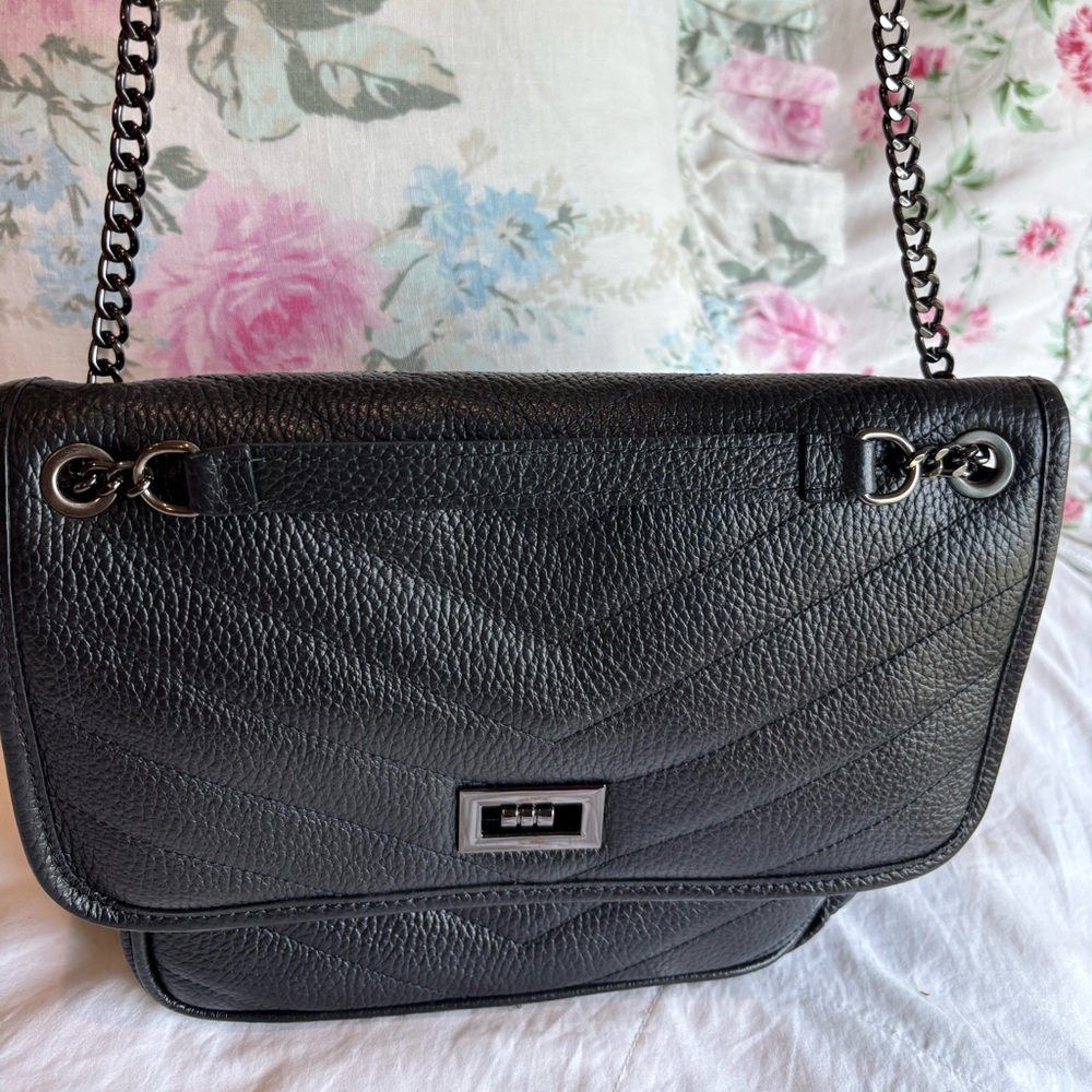 Anna Paola Black Leather Bag Crossbody or Shoulder, Adjustable Chain Strap - Picture 4 of 16